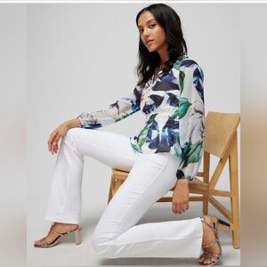 WHBM Floral V-Neck Smocked Waist Long Sleeve Blouse with Peplum